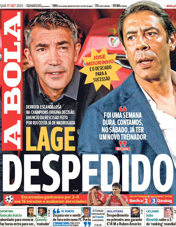 A Bola: Capa da Edi&ccedil;&atilde;o de quarta-feira, 17 de setembro 2025