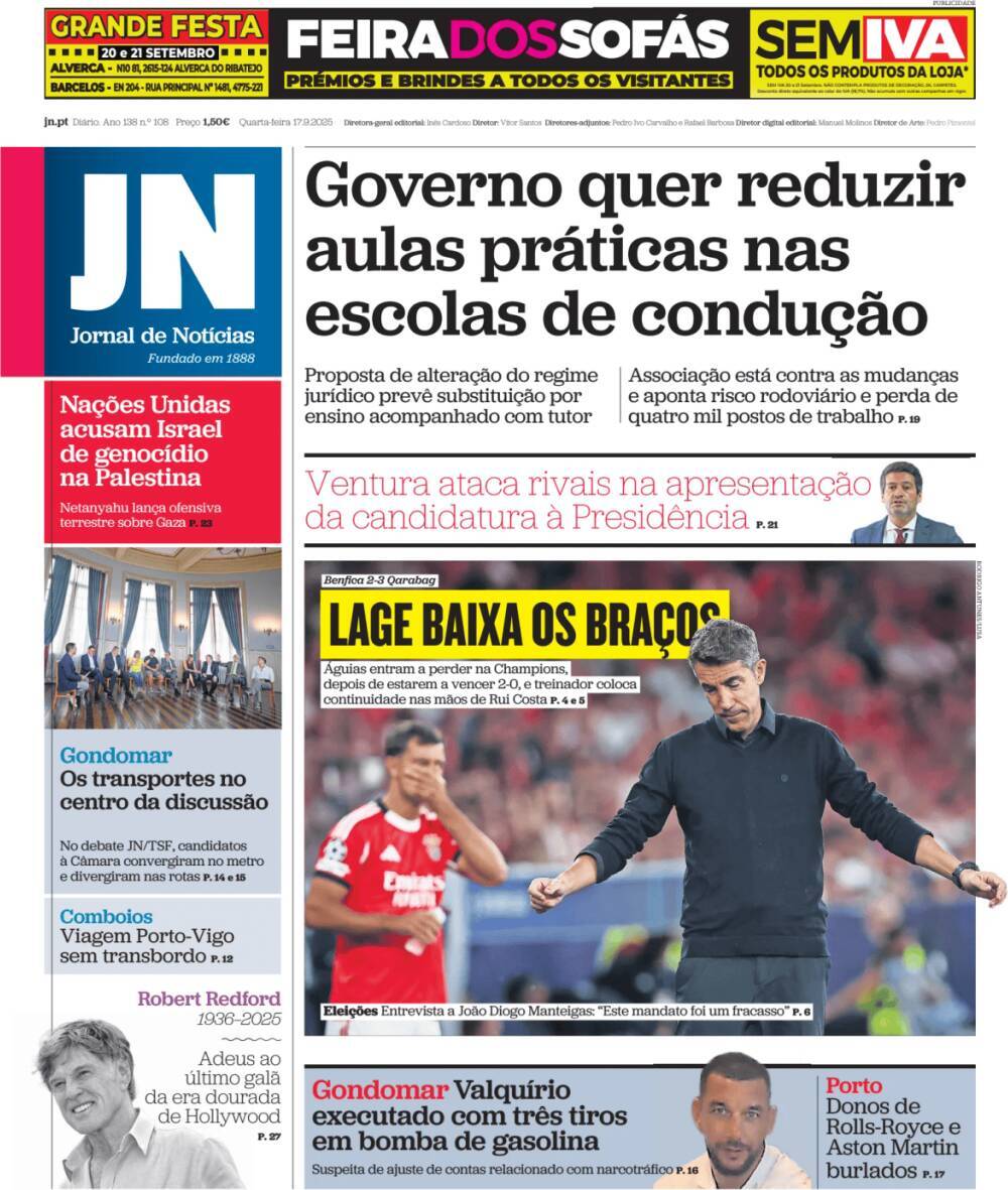 Jornal de Not&iacute;cias: Capa da Edi&ccedil;&atilde;o de quarta-feira, 17 de setembro 2025