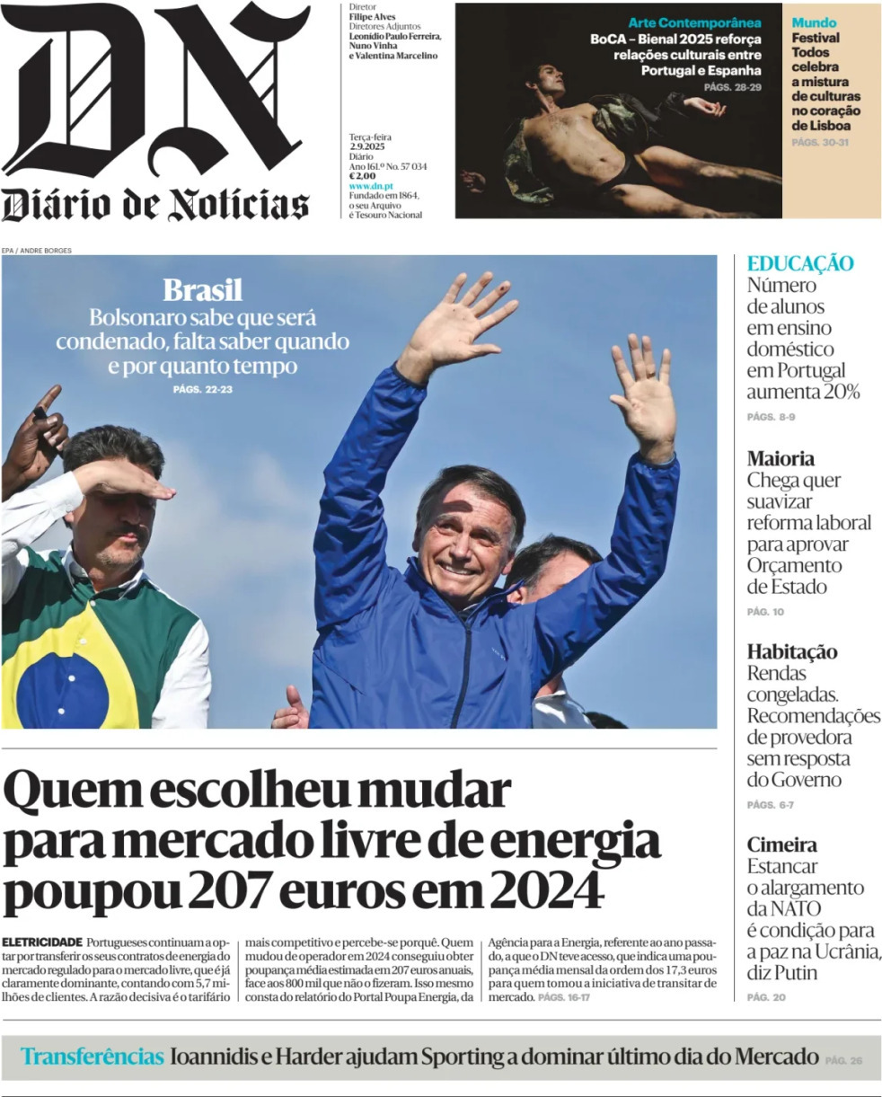 Di&aacute;rio de Not&iacute;cias: Capa da Edi&ccedil;&atilde;o de ter&ccedil;a-feira, 02 de setembro 2025