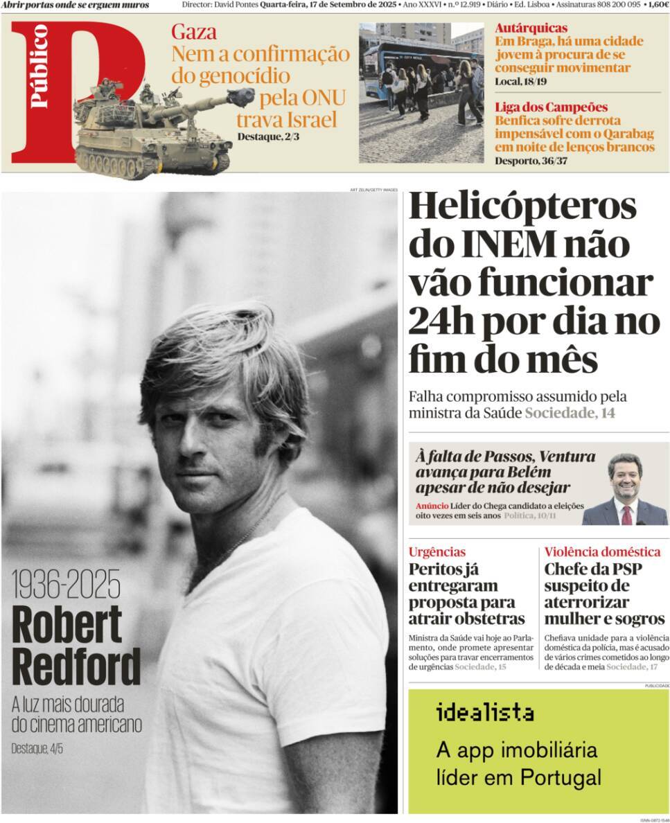 P&uacute;blico: Capa da Edi&ccedil;&atilde;o de quarta-feira, 17 de setembro 2025