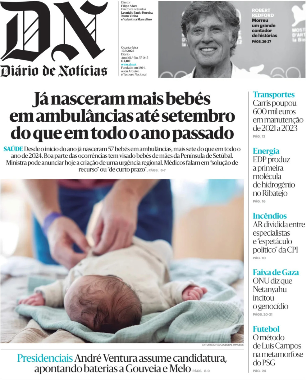 Di&aacute;rio de Not&iacute;cias: Capa da Edi&ccedil;&atilde;o de quarta-feira, 17 de setembro 2025