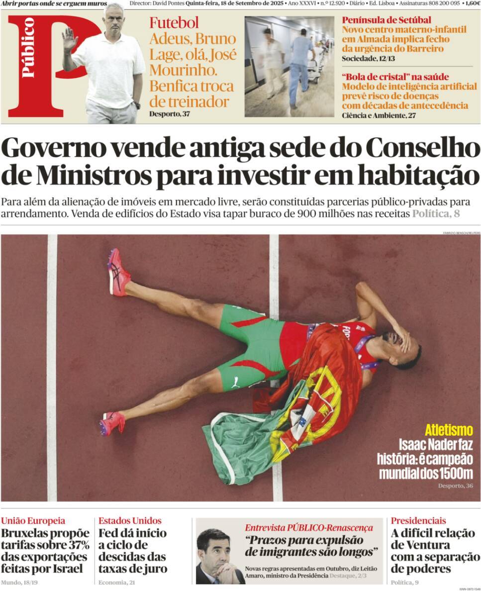 P&uacute;blico: Capa da Edi&ccedil;&atilde;o de quinta-feira, 18 de setembro 2025