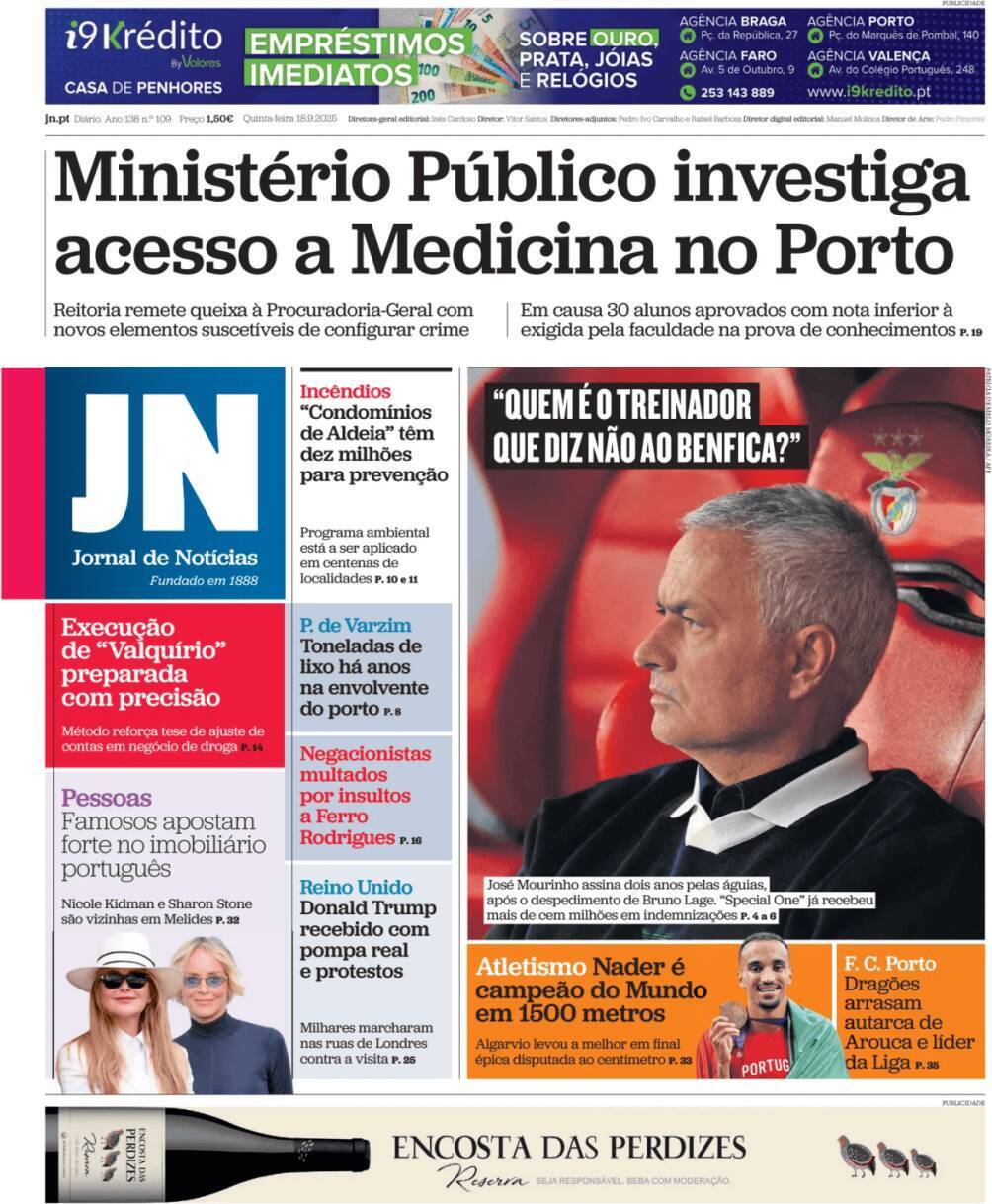 Jornal de Not&iacute;cias: Capa da Edi&ccedil;&atilde;o de quinta-feira, 18 de setembro 2025