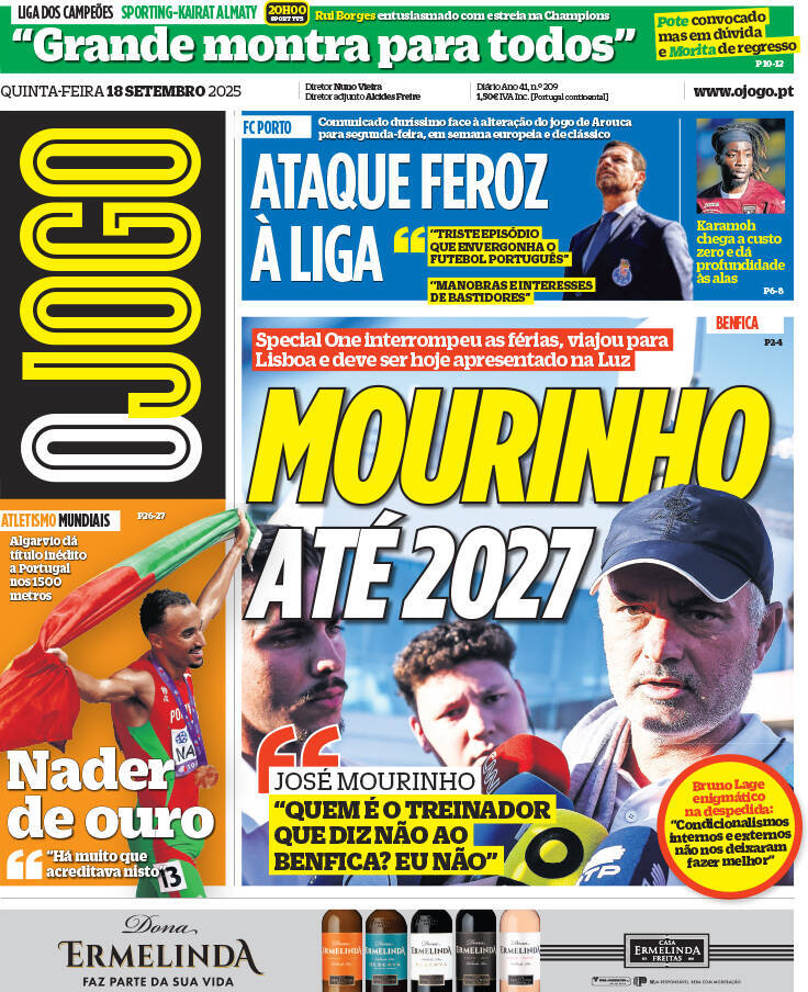O Jogo: Capa da Edi&ccedil;&atilde;o de quinta-feira, 18 de setembro 2025