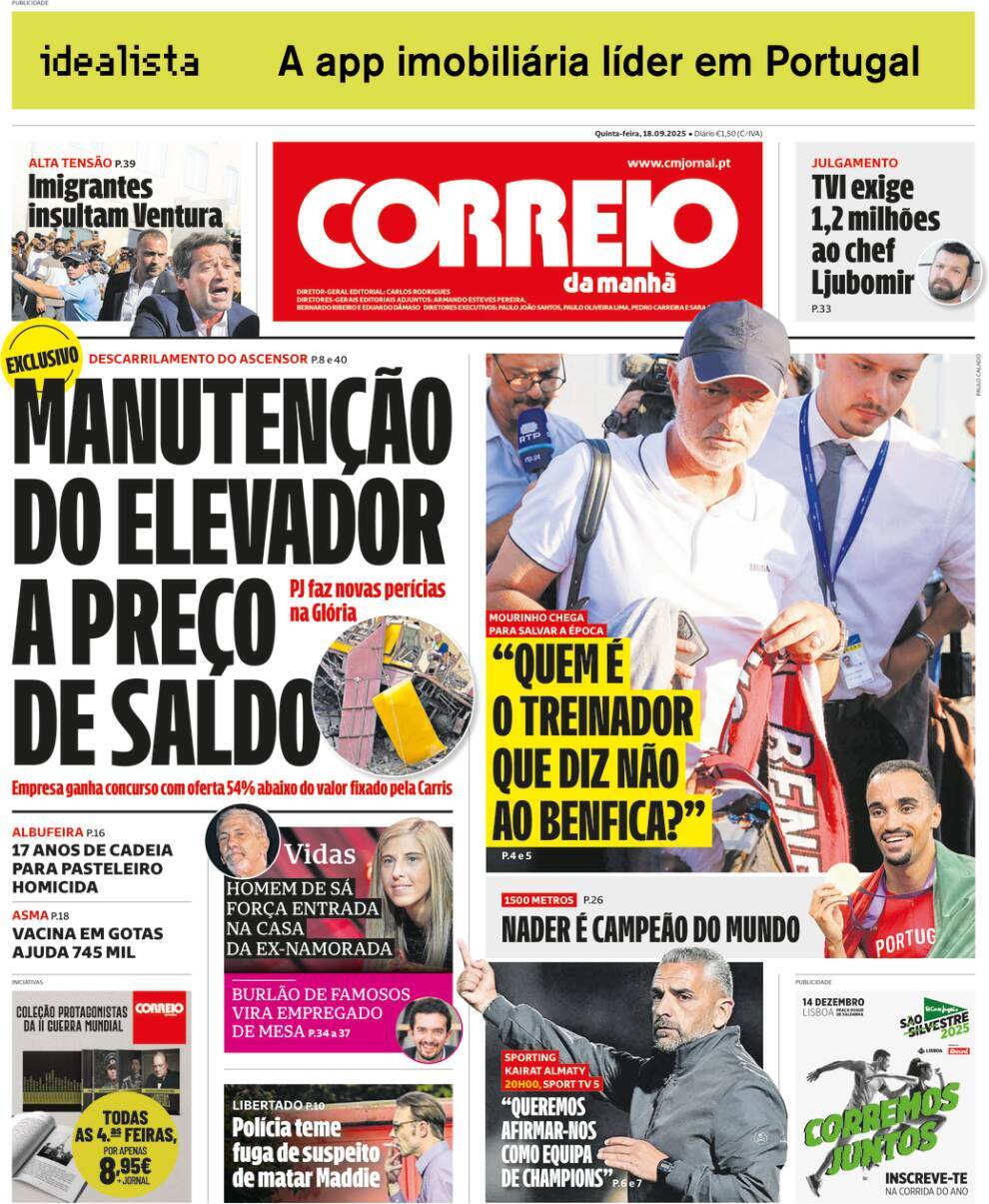 Correio da Manh&atilde;: Capa da Edi&ccedil;&atilde;o de quinta-feira, 18 de setembro 2025