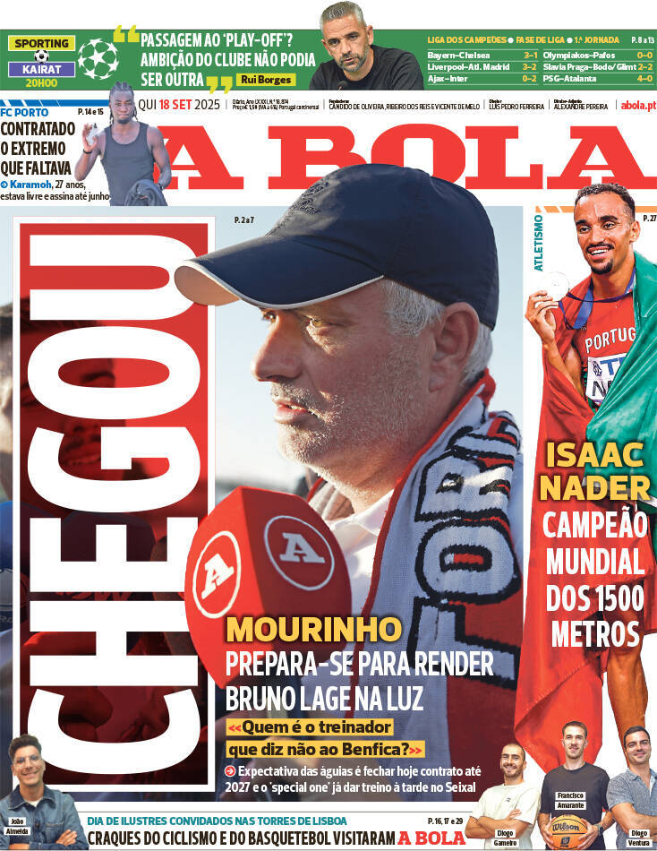 A Bola: Capa da Edi&ccedil;&atilde;o de quinta-feira, 18 de setembro 2025