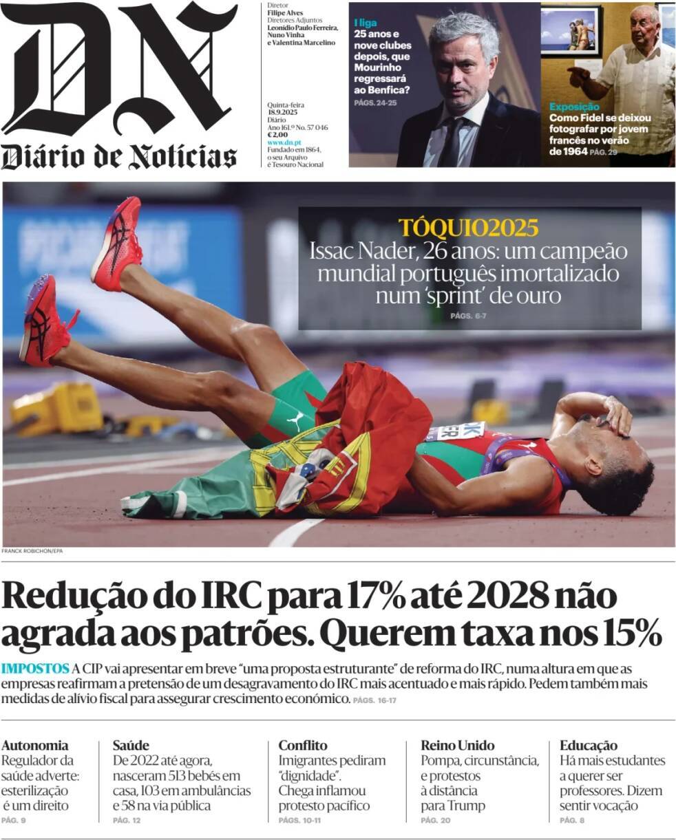 Di&aacute;rio de Not&iacute;cias: Capa da Edi&ccedil;&atilde;o de quinta-feira, 18 de setembro 2025