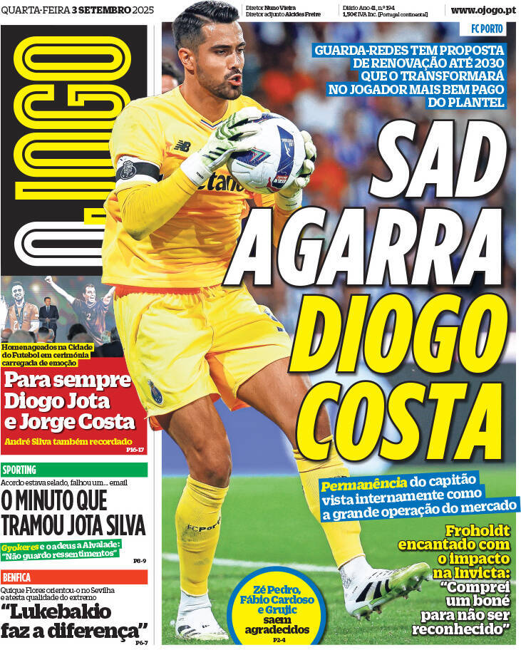 O Jogo: Capa da Edi&ccedil;&atilde;o de quarta-feira, 03 de setembro 2025