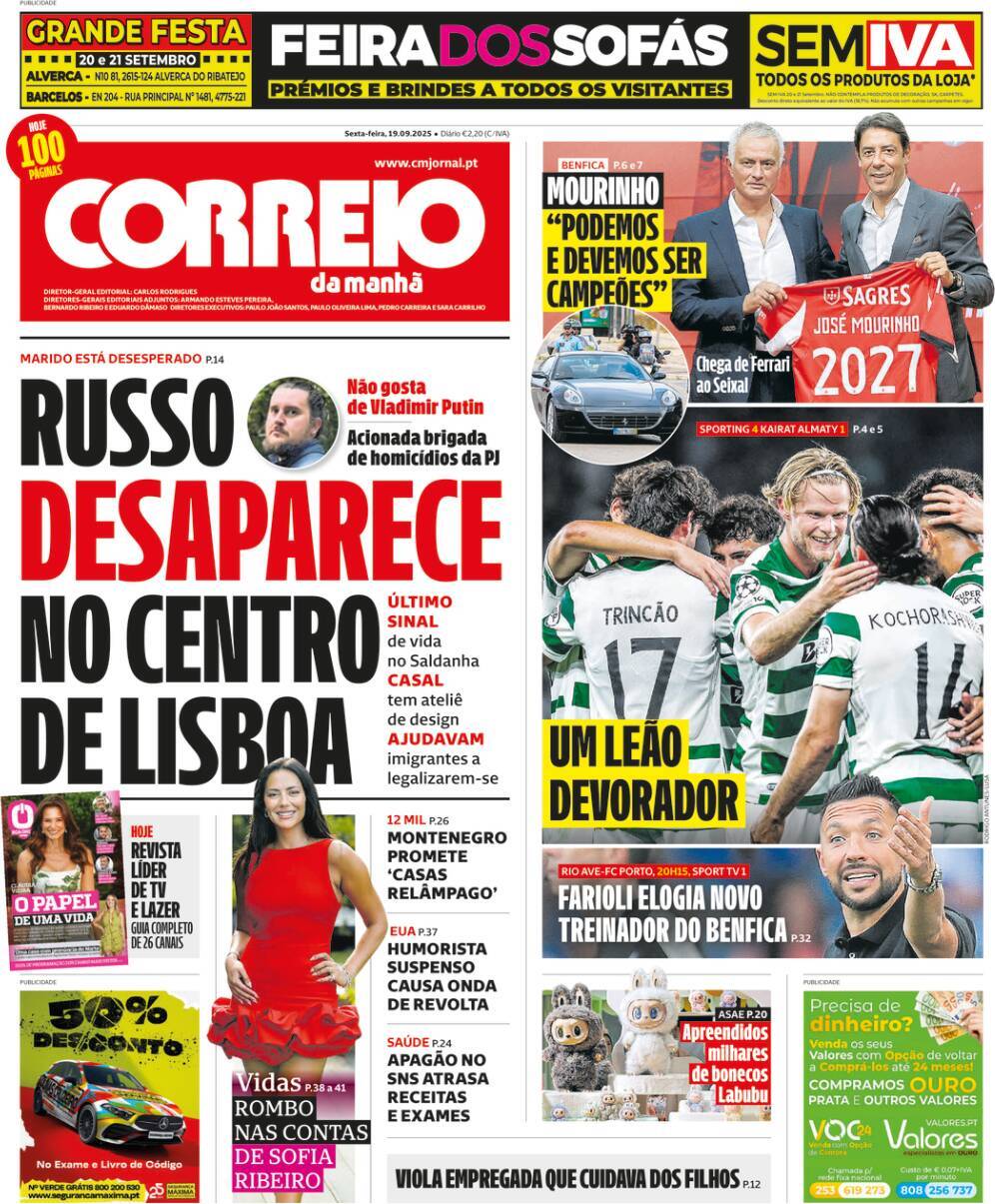 Correio da Manh&atilde;: Capa da Edi&ccedil;&atilde;o de sexta-feira, 19 de setembro 2025