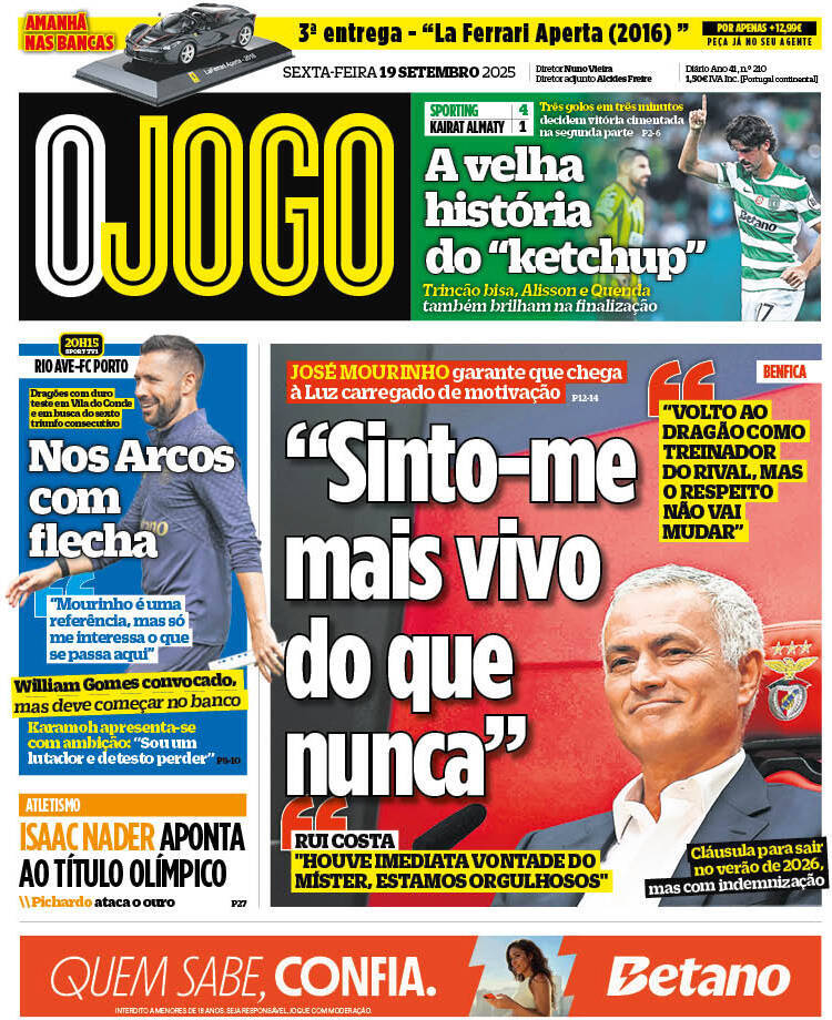 O Jogo: Capa da Edi&ccedil;&atilde;o de sexta-feira, 19 de setembro 2025