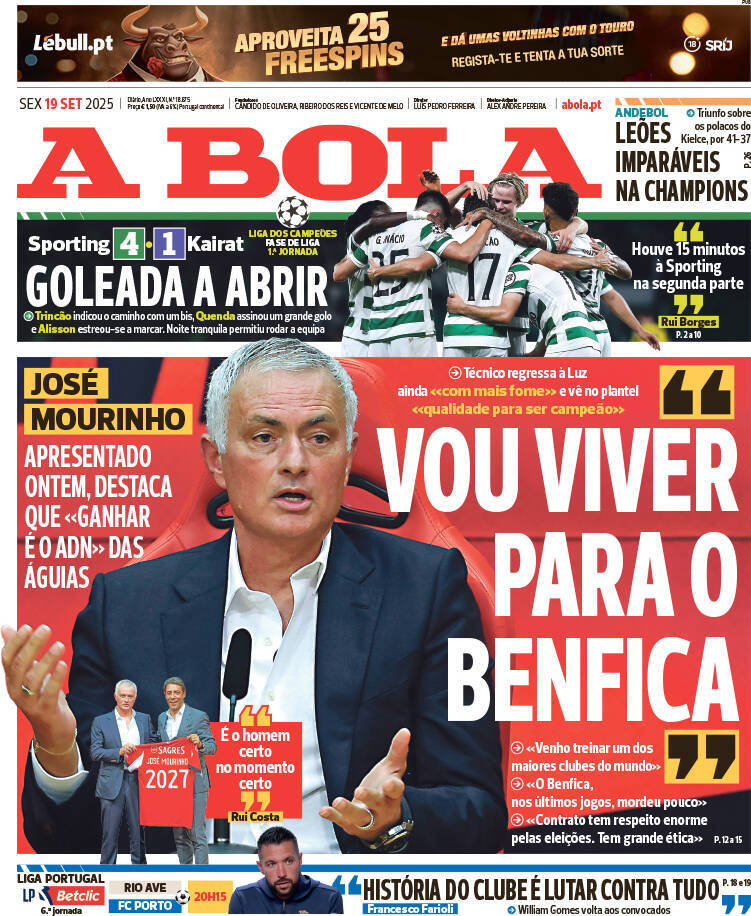 A Bola: Capa da Edi&ccedil;&atilde;o de sexta-feira, 19 de setembro 2025