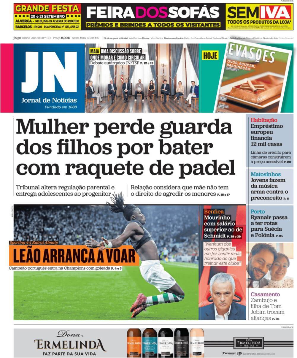 Jornal de Not&iacute;cias: Capa da Edi&ccedil;&atilde;o de sexta-feira, 19 de setembro 2025
