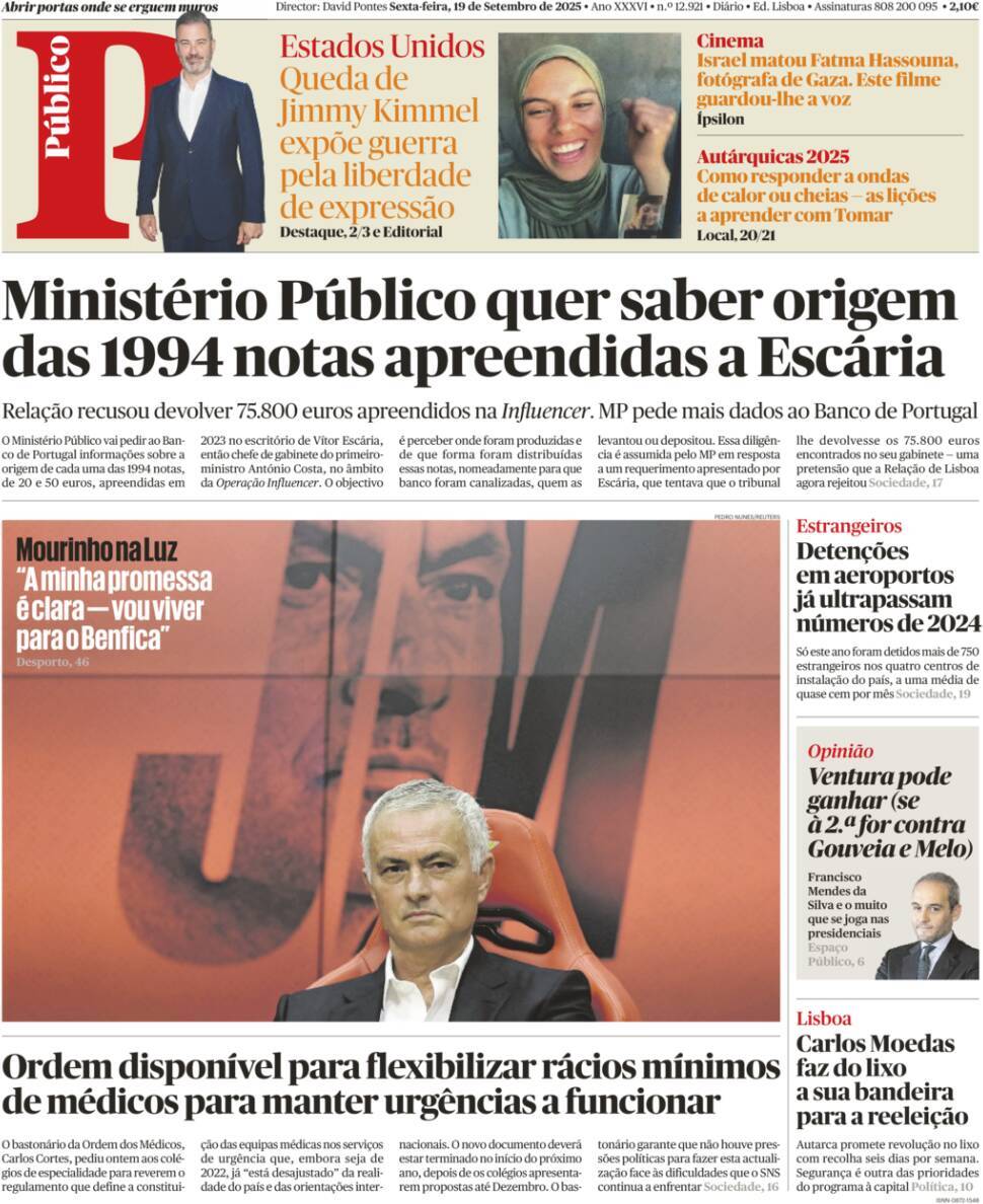 P&uacute;blico: Capa da Edi&ccedil;&atilde;o de sexta-feira, 19 de setembro 2025