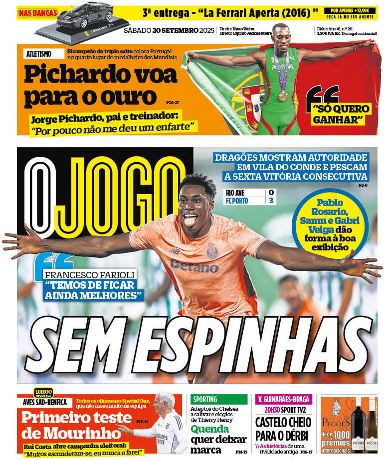 O Jogo: Capa da Edi&ccedil;&atilde;o de s&aacute;bado, 20 de setembro 2025