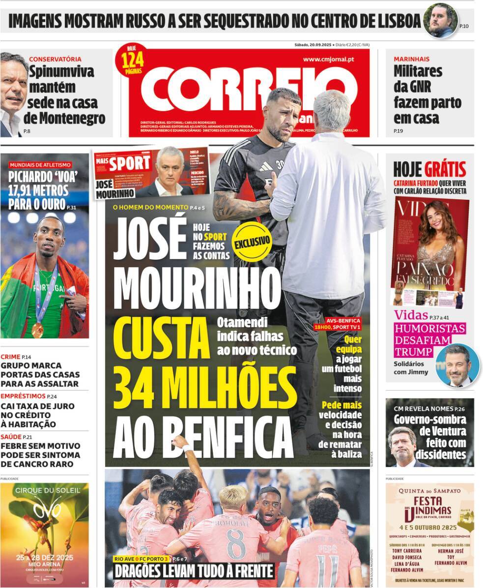 Correio da Manh&atilde;: Capa da Edi&ccedil;&atilde;o de s&aacute;bado, 20 de setembro 2025