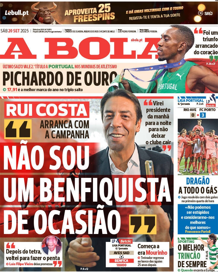 A Bola: Capa da Edi&ccedil;&atilde;o de s&aacute;bado, 20 de setembro 2025