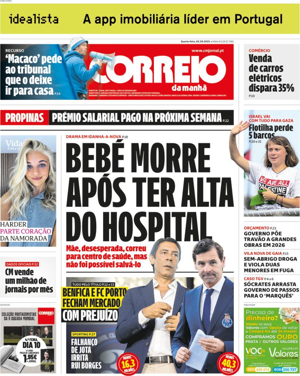 Correio da Manh&atilde;: Capa da Edi&ccedil;&atilde;o de quarta-feira, 03 de setembro 2025