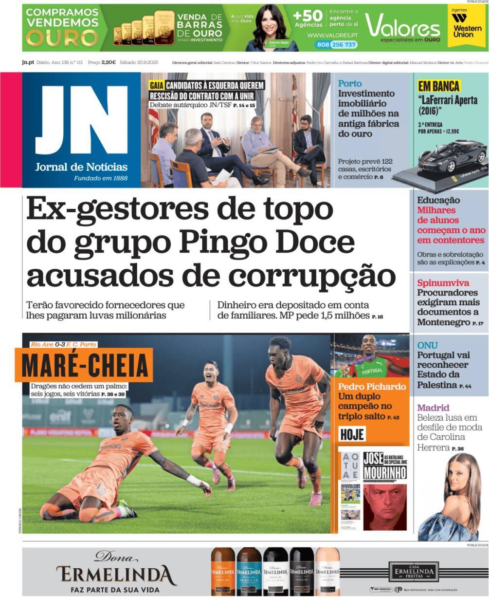 Jornal de Not&iacute;cias: Capa da Edi&ccedil;&atilde;o de s&aacute;bado, 20 de setembro 2025