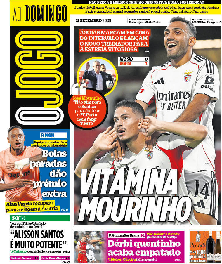 O Jogo: Capa da Edi&ccedil;&atilde;o de domingo, 21 de setembro 2025