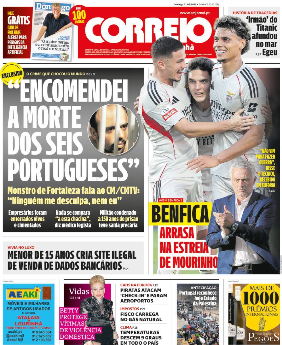 Correio da Manh&atilde;: Capa da Edi&ccedil;&atilde;o de domingo, 21 de setembro 2025