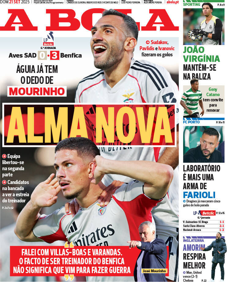 A Bola: Capa da Edi&ccedil;&atilde;o de domingo, 21 de setembro 2025