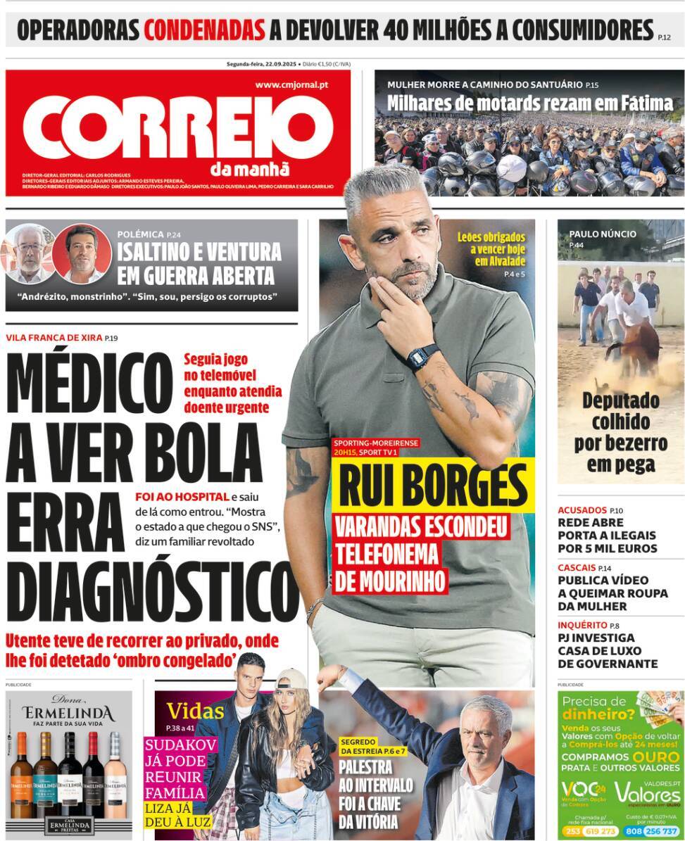 Correio da Manh&atilde;: Capa da Edi&ccedil;&atilde;o de segunda-feira, 22 de setembro 2025