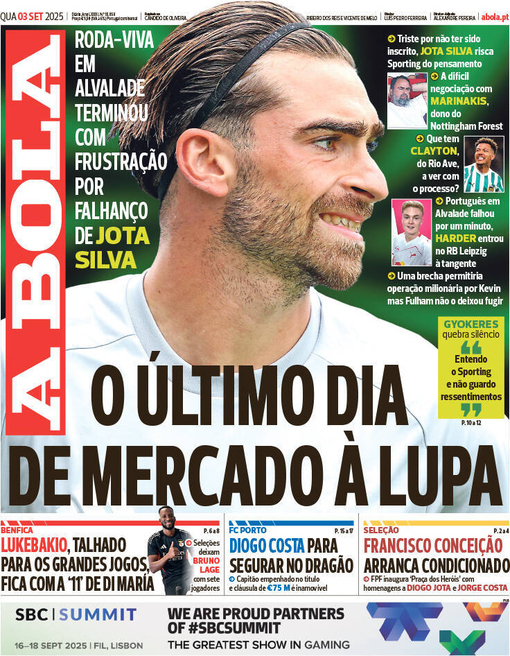 A Bola: Capa da Edi&ccedil;&atilde;o de quarta-feira, 03 de setembro 2025