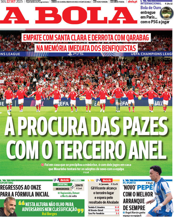 A Bola: Capa da Edi&ccedil;&atilde;o de segunda-feira, 22 de setembro 2025