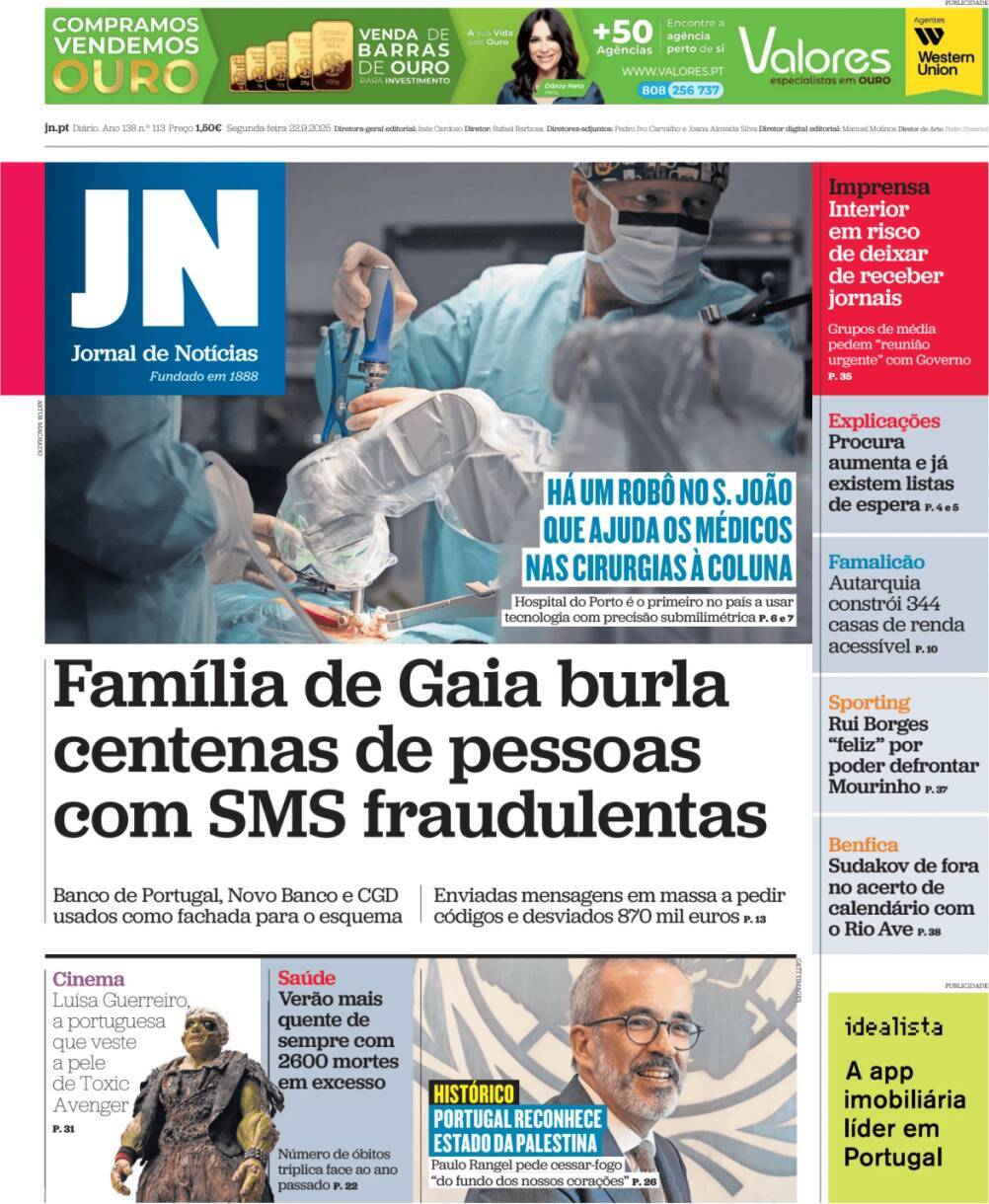 Jornal de Not&iacute;cias: Capa da Edi&ccedil;&atilde;o de segunda-feira, 22 de setembro 2025