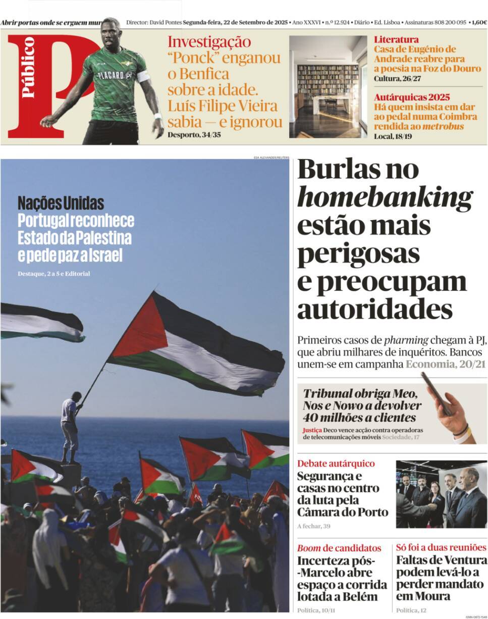 P&uacute;blico: Capa da Edi&ccedil;&atilde;o de segunda-feira, 22 de setembro 2025