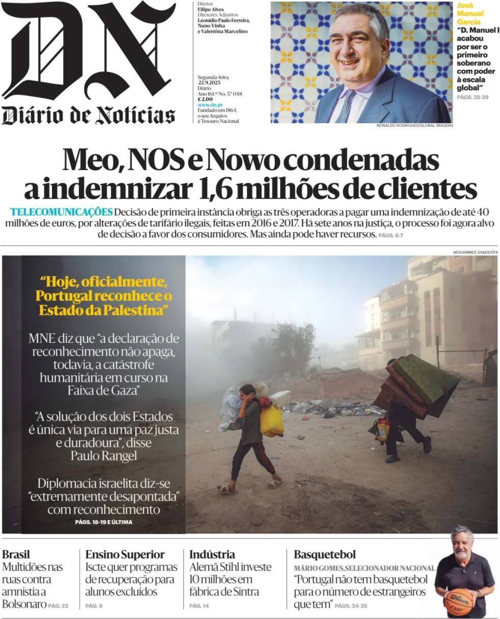 Di&aacute;rio de Not&iacute;cias: Capa da Edi&ccedil;&atilde;o de segunda-feira, 22 de setembro 2025