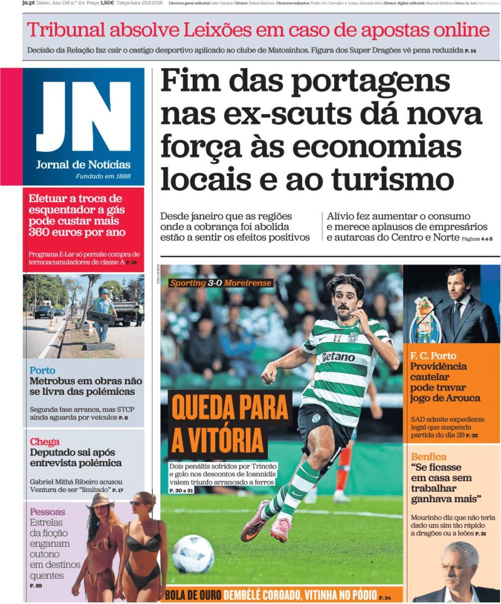Jornal de Not&iacute;cias: Capa da Edi&ccedil;&atilde;o de ter&ccedil;a-feira, 23 de setembro 2025