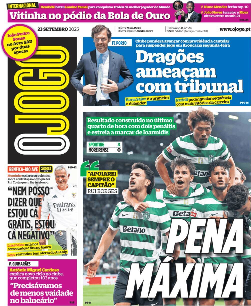 O Jogo: Capa da Edi&ccedil;&atilde;o de ter&ccedil;a-feira, 23 de setembro 2025