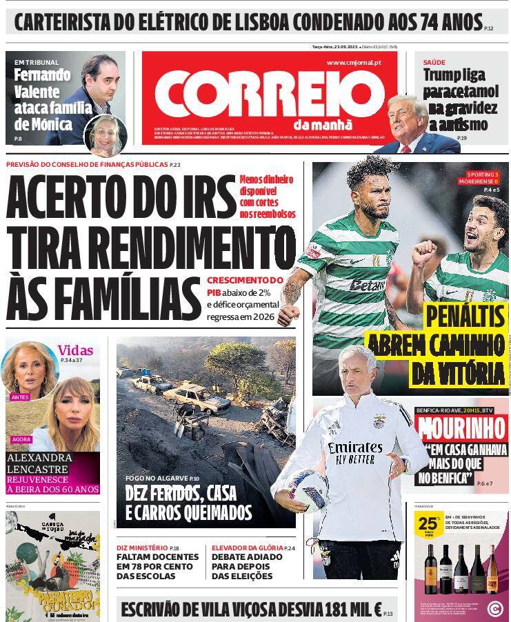 Correio da Manh&atilde;: Capa da Edi&ccedil;&atilde;o de ter&ccedil;a-feira, 23 de setembro 2025