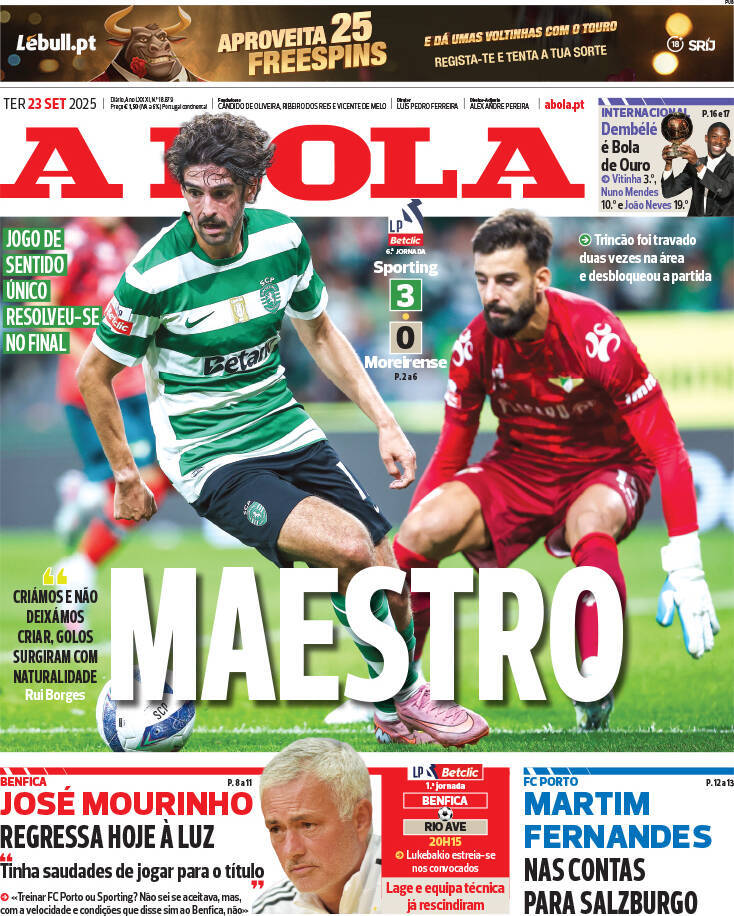 A Bola: Capa da Edi&ccedil;&atilde;o de ter&ccedil;a-feira, 23 de setembro 2025