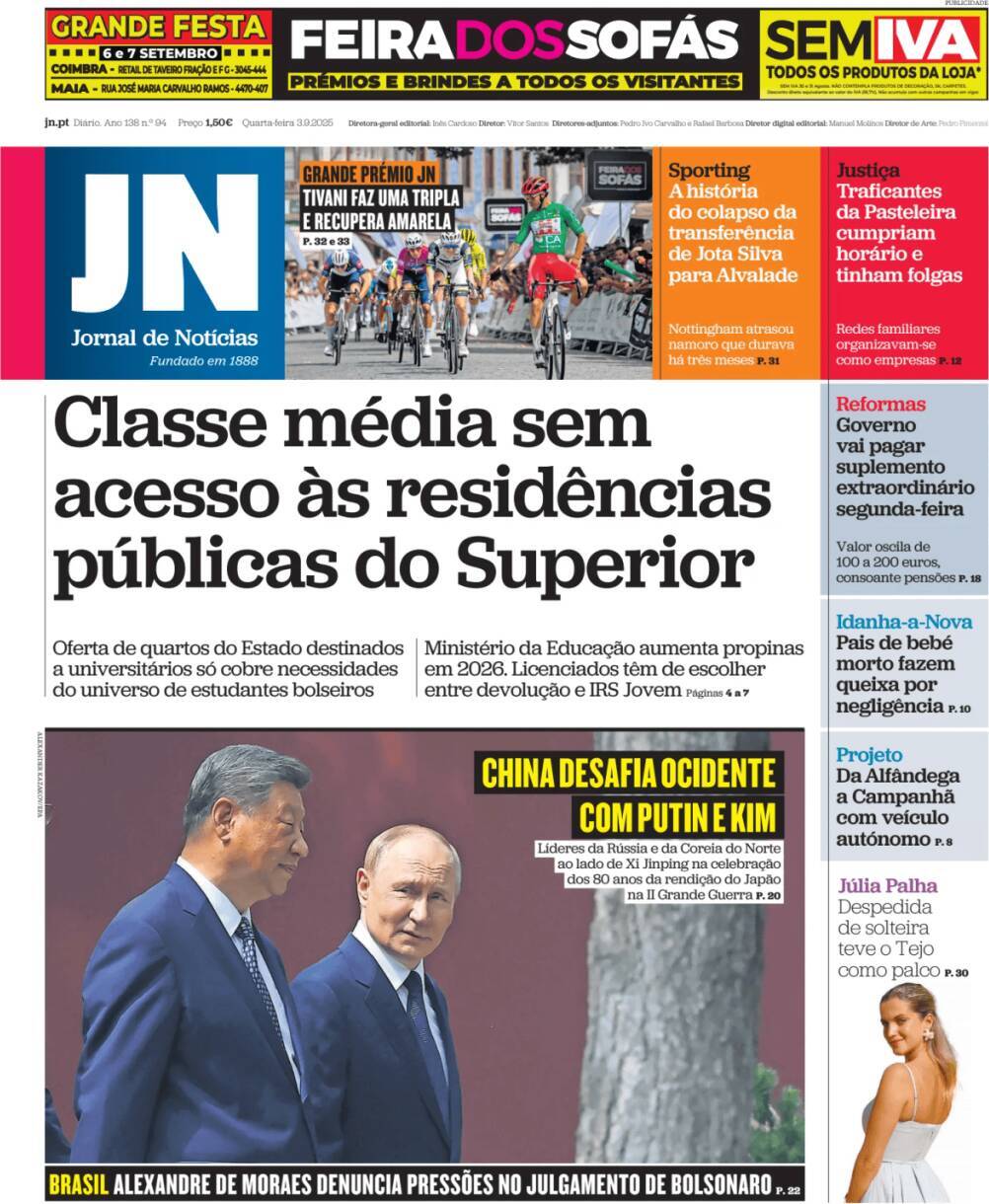 Jornal de Not&iacute;cias: Capa da Edi&ccedil;&atilde;o de quarta-feira, 03 de setembro 2025