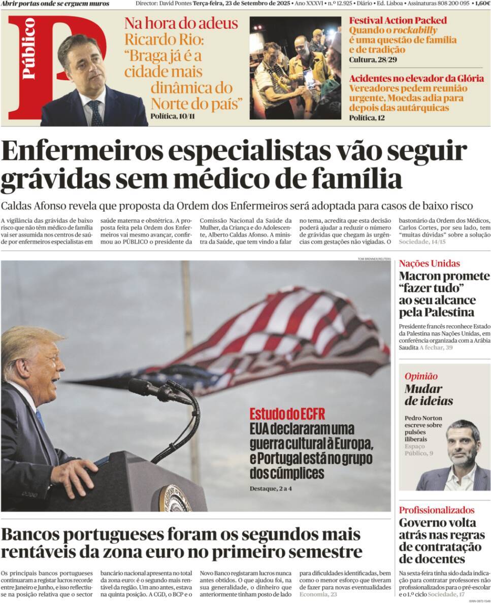P&uacute;blico: Capa da Edi&ccedil;&atilde;o de ter&ccedil;a-feira, 23 de setembro 2025