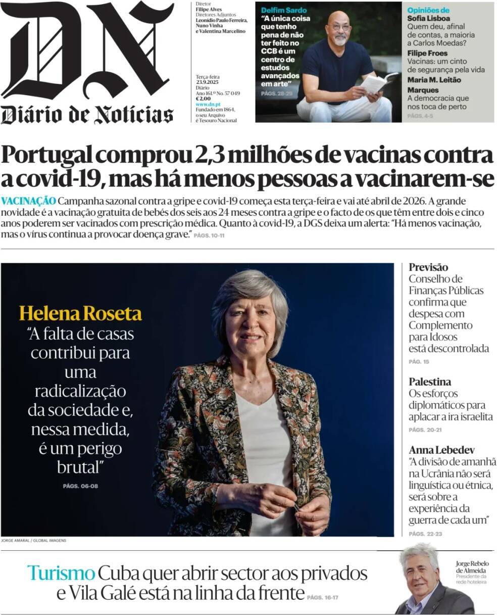 Di&aacute;rio de Not&iacute;cias: Capa da Edi&ccedil;&atilde;o de ter&ccedil;a-feira, 23 de setembro 2025