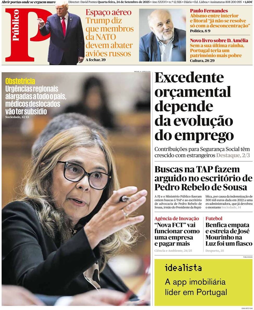 P&uacute;blico: Capa da Edi&ccedil;&atilde;o de quarta-feira, 24 de setembro 2025