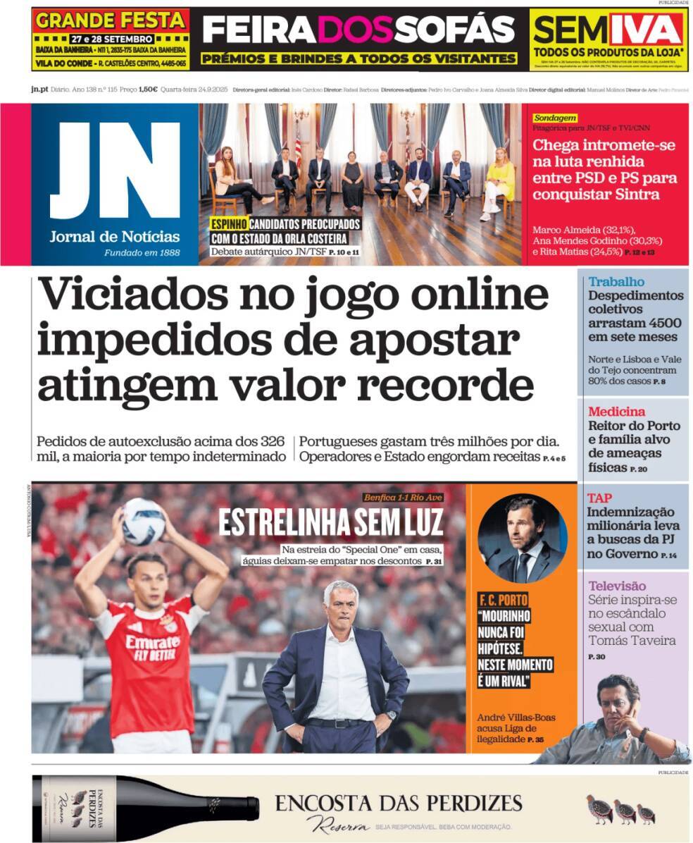 Jornal de Not&iacute;cias: Capa da Edi&ccedil;&atilde;o de quarta-feira, 24 de setembro 2025