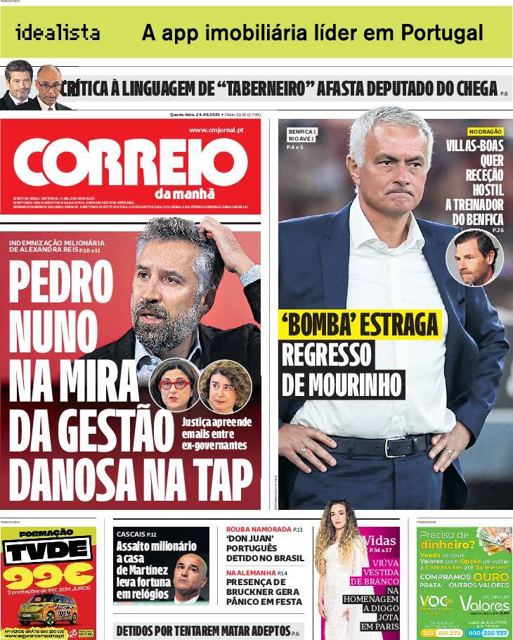 Correio da Manh&atilde;: Capa da Edi&ccedil;&atilde;o de quarta-feira, 24 de setembro 2025