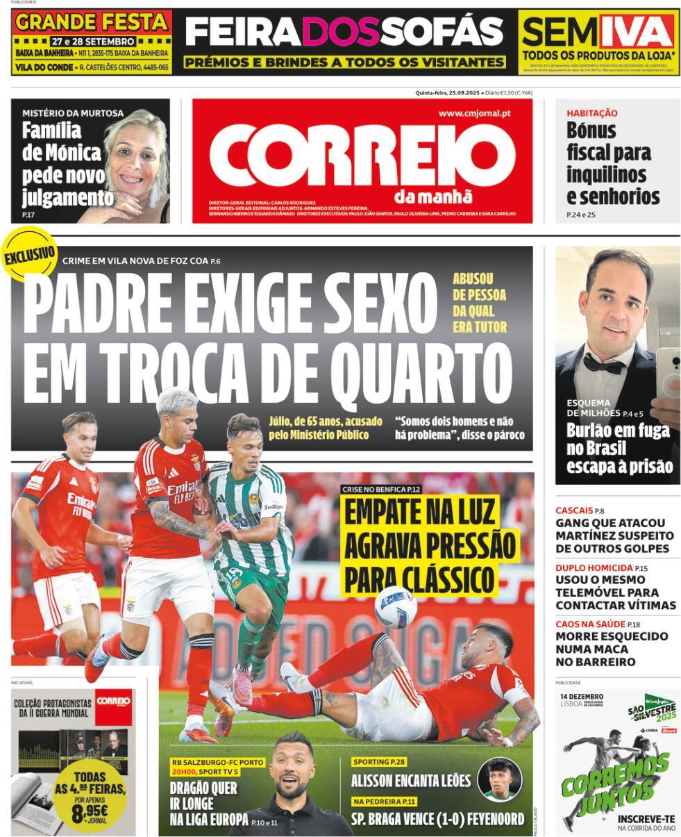 Correio da Manh&atilde;: Capa da Edi&ccedil;&atilde;o de quinta-feira, 25 de setembro 2025
