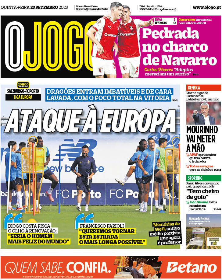 O Jogo: Capa da Edi&ccedil;&atilde;o de quinta-feira, 25 de setembro 2025