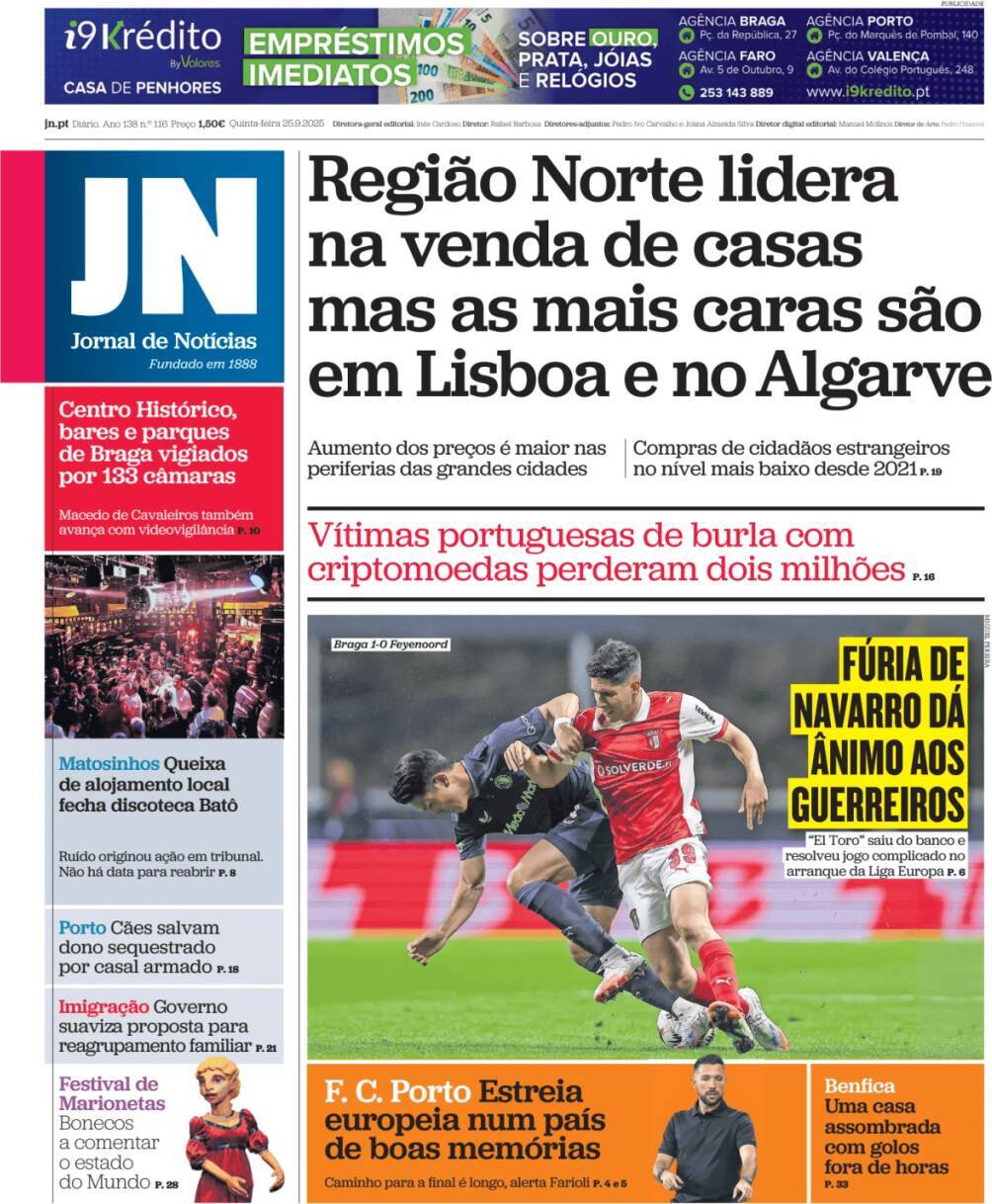 Jornal de Not&iacute;cias: Capa da Edi&ccedil;&atilde;o de quinta-feira, 25 de setembro 2025