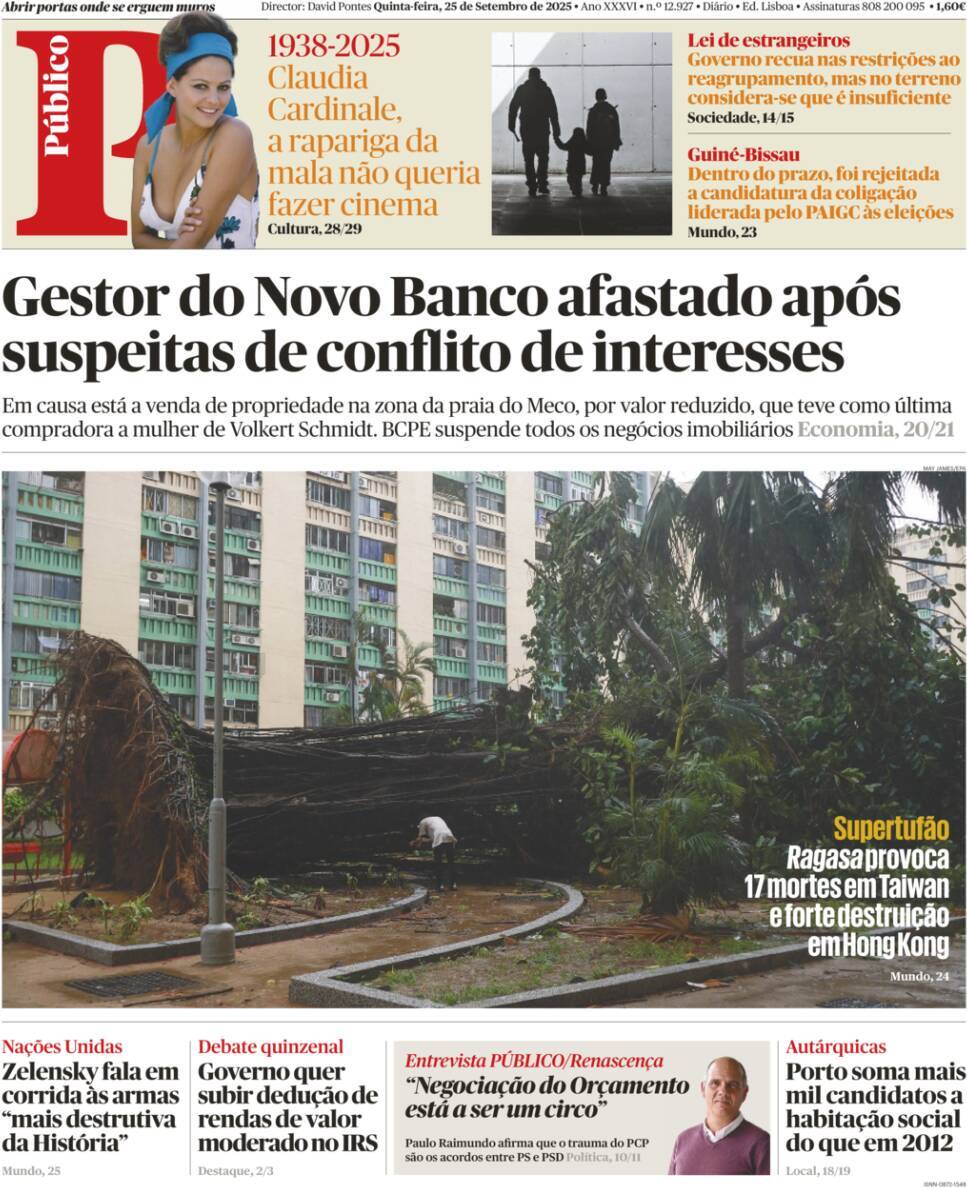 P&uacute;blico: Capa da Edi&ccedil;&atilde;o de quinta-feira, 25 de setembro 2025