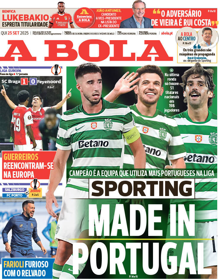 A Bola: Capa da Edi&ccedil;&atilde;o de quinta-feira, 25 de setembro 2025