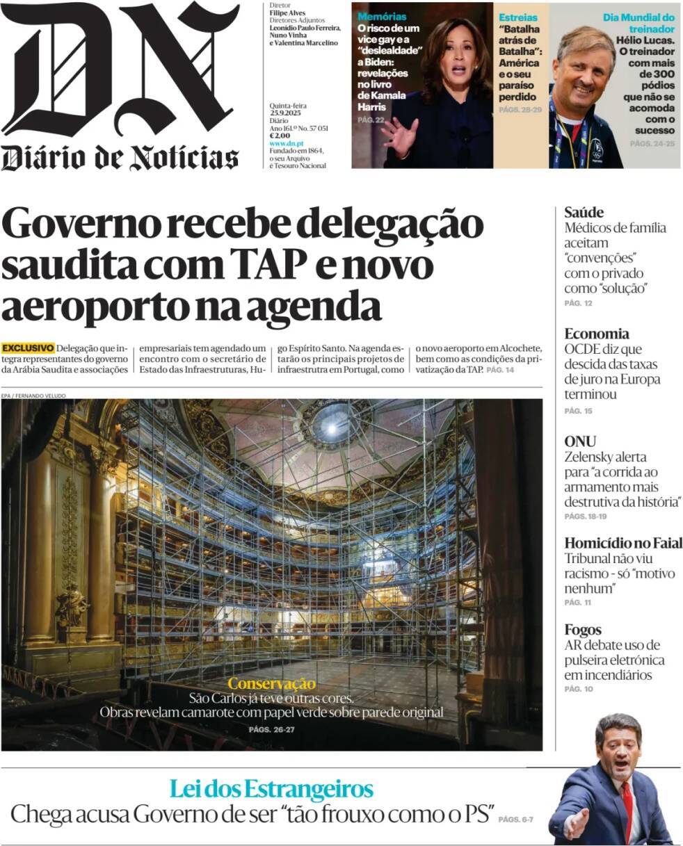 Di&aacute;rio de Not&iacute;cias: Capa da Edi&ccedil;&atilde;o de quinta-feira, 25 de setembro 2025