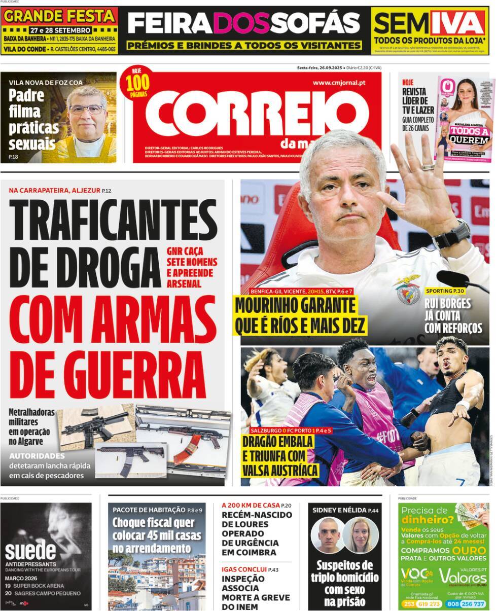 Correio da Manh&atilde;: Capa da Edi&ccedil;&atilde;o de sexta-feira, 26 de setembro 2025