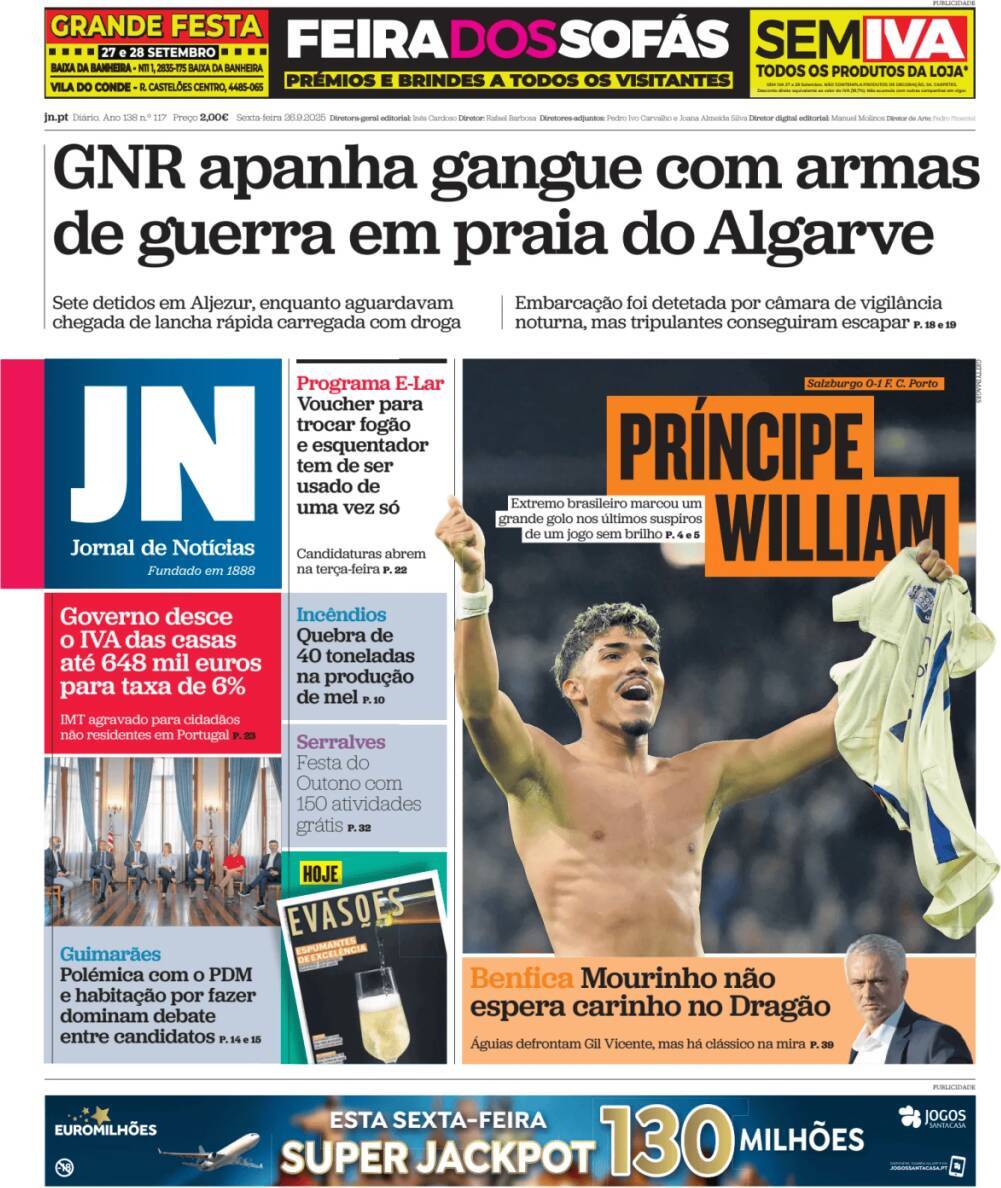 Jornal de Not&iacute;cias: Capa da Edi&ccedil;&atilde;o de sexta-feira, 26 de setembro 2025