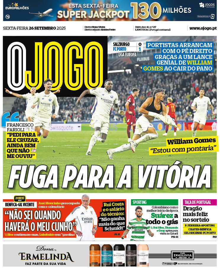 O Jogo: Capa da Edi&ccedil;&atilde;o de sexta-feira, 26 de setembro 2025